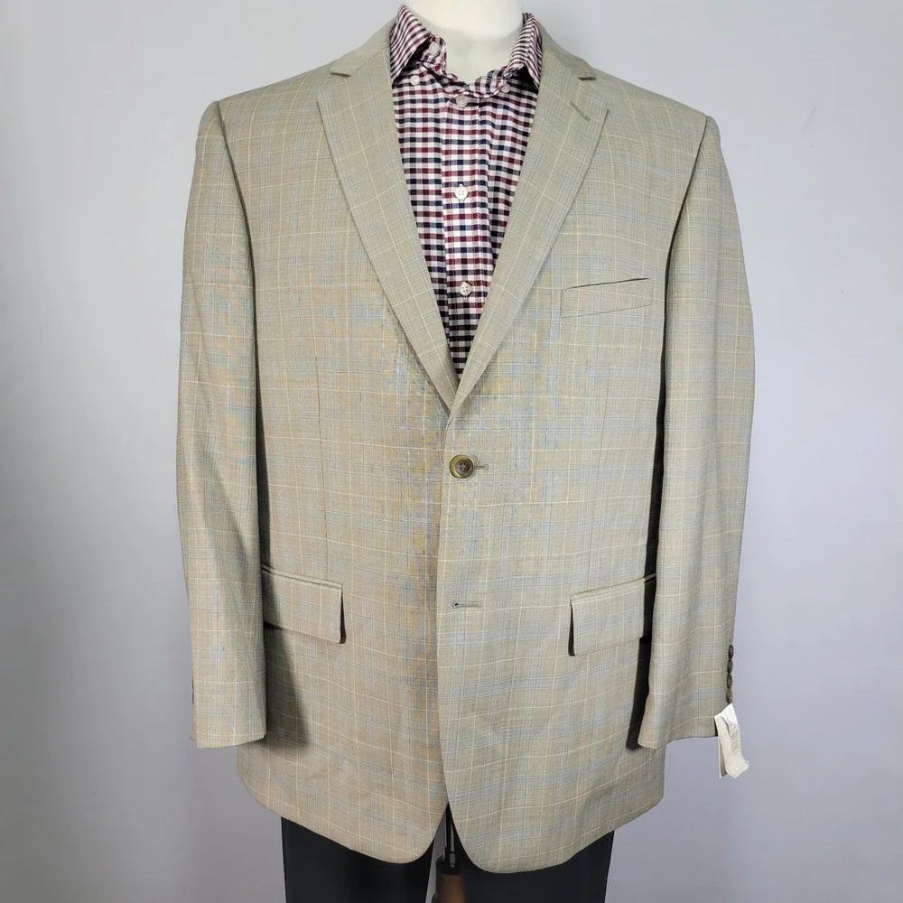Pronto Uomo Platinum Men's Sport Coat Blazer Two Button Beige Plaid Size 46R‎